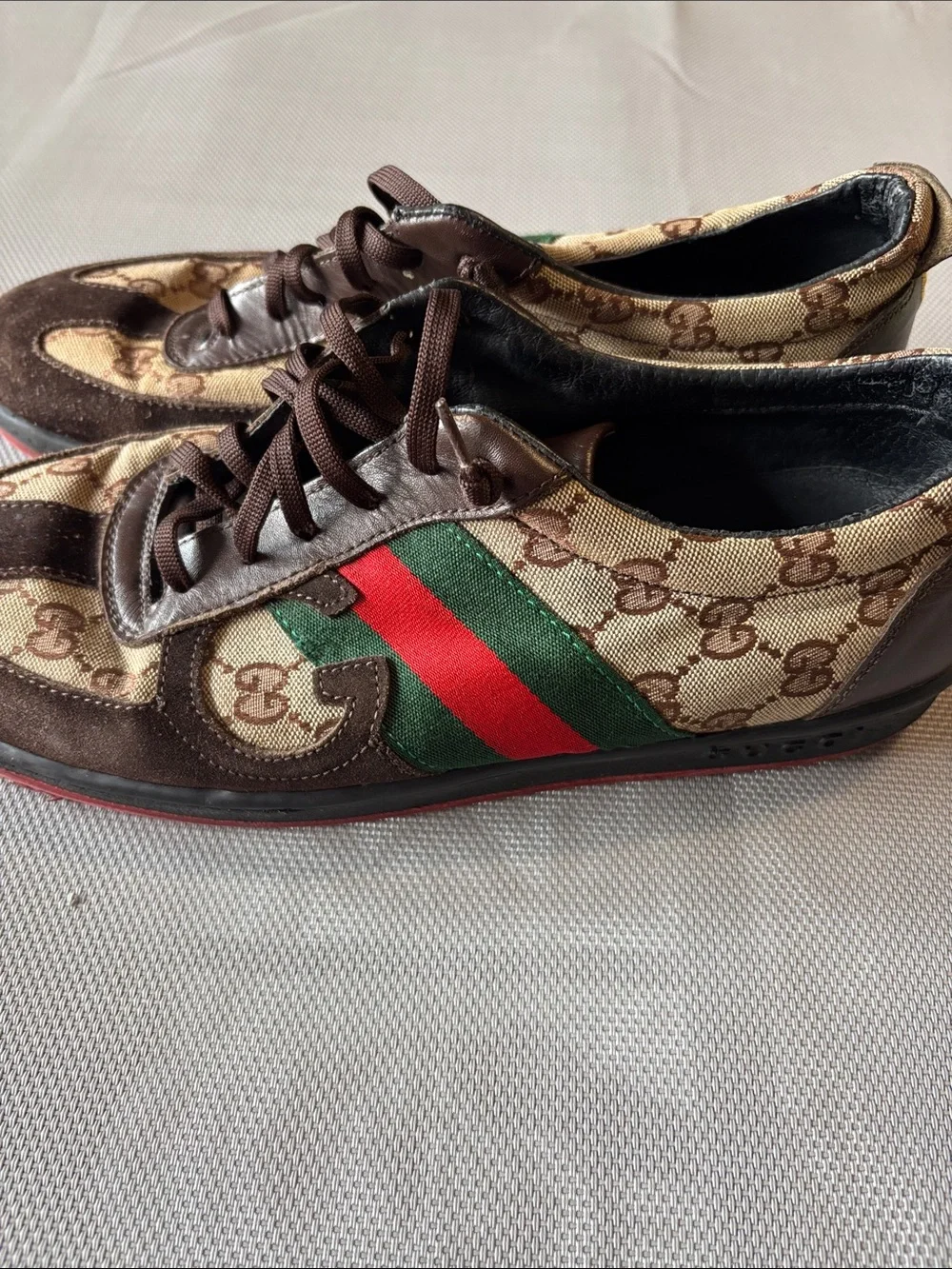 Gucci Brown leather & Beige GG Canvas Sneakers with Green and Red Stripe mns 10